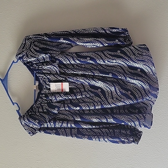 New Michael Kors Women's Blue Chain Print Off Shoulder Top Size Xsmall - Picture 4 of 15